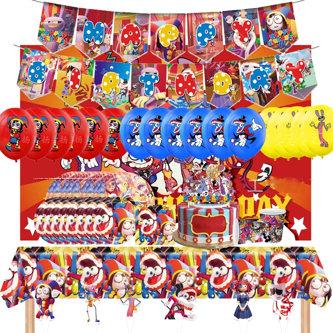 The Amazing Digital Circus Party dinnerware Disposable Banner Cake Topper Flag Digital Circus Balloons Birthday Decoration set