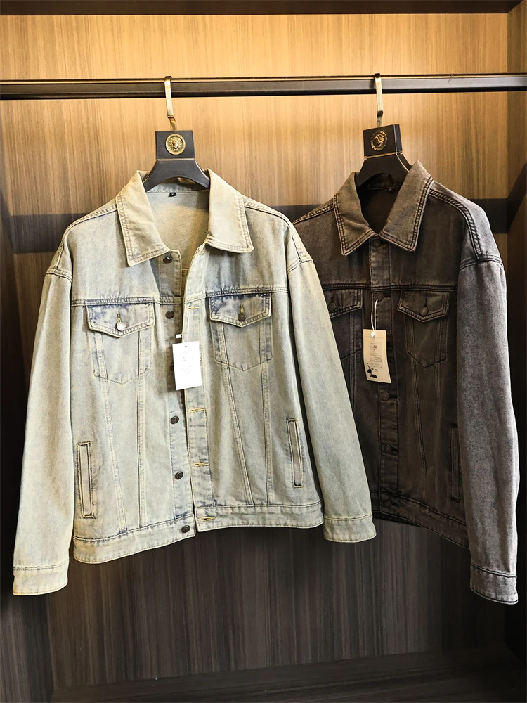 

American High-End Feeling Red Sle Men's Vintage Waed Loose Collar Denim Jaet Faionable Urban Casual Spring Autumn