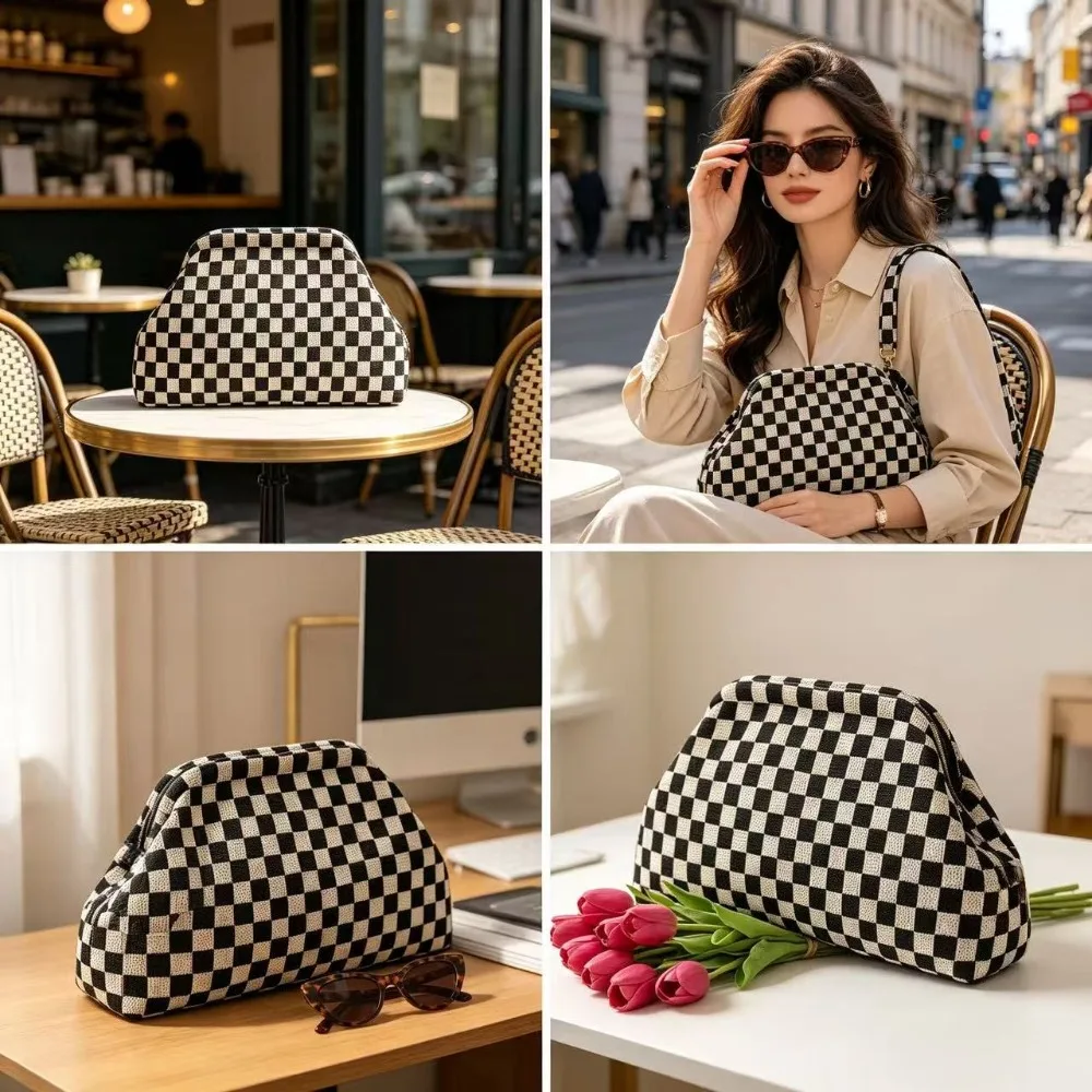 Retro checkerboard knit large-capacity multi-functional storage clutch bag - view 3