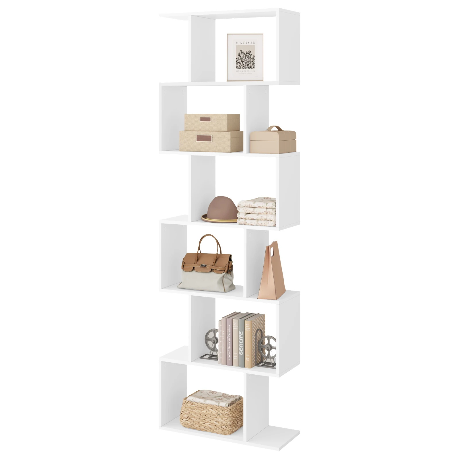 WOLTU Bücherregal, S-förmiges Bücherregal mit 6 Ebenen, 60 x 189,5 x 24 cm, stehendes Aufbewahrungsregal, Raumteiler für Schlafzimmer, Wohnzimmer, Büro