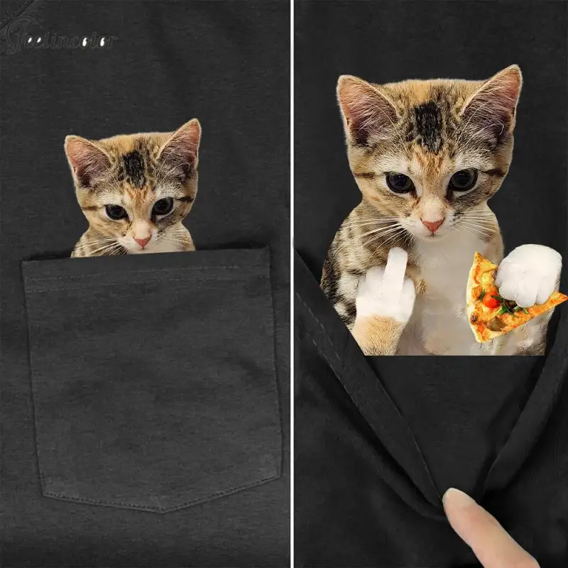 

Cats Printing T-Shirts for Men Cute Pocket Kitten Tee Funny Fashion Casual T-Shirt Black Harajuku Tops Unisex Streetwear
