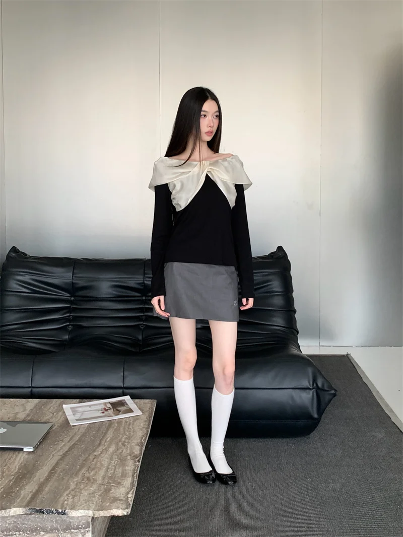 CHEERART Designer 2025, Herbst-Strickoberteil, Langarmbluse, Damenfliege, schwarze Strickwaren, niedliche modische Top-Kleidung