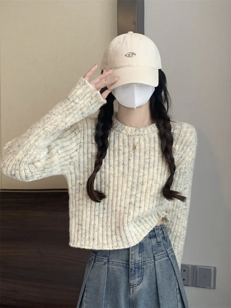 Karamell-Strickpullover für Damen, Herbst und Winter, SLE-Innenbekleidung, lockere Passform, Baumwolle, rund, Ne Long Sve Color