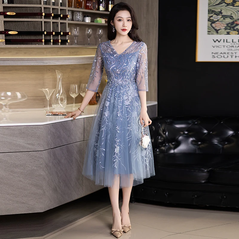 Blue Lace Mother Of The Bride Dresses Elegant V-Neck A-Line Tea-Length Tulle Women Wedding Party Gowns