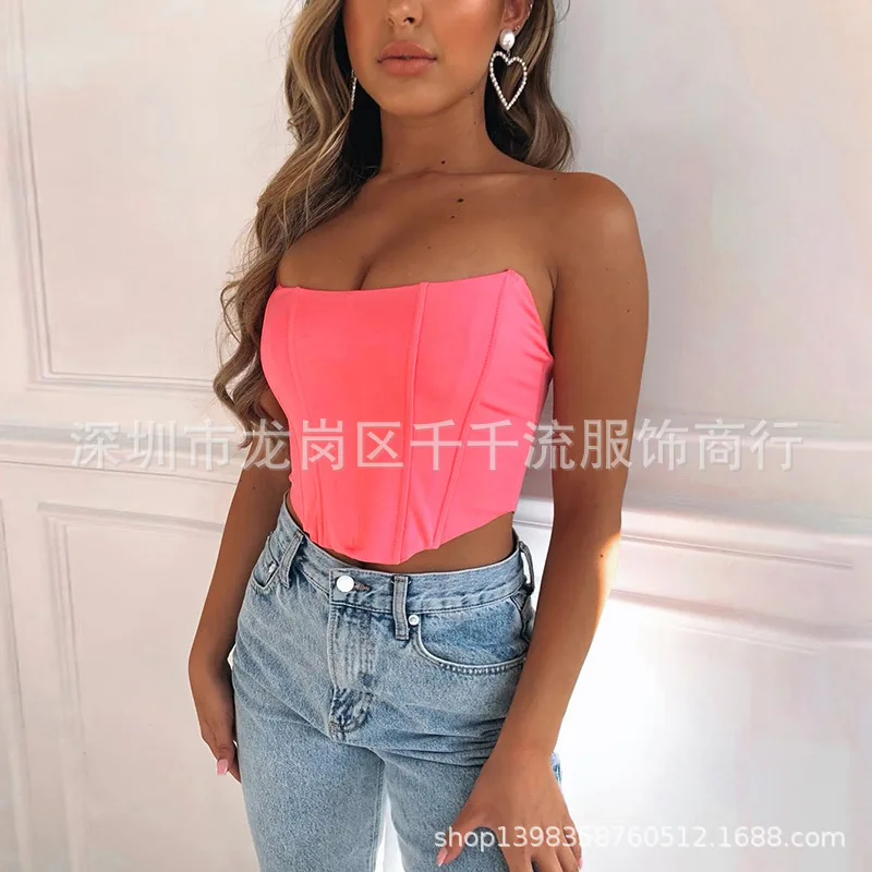 T shirt women 2026 fashion arc-shaped strapless playful sexy backless navel one-neck fitted top tshirt women's clothing