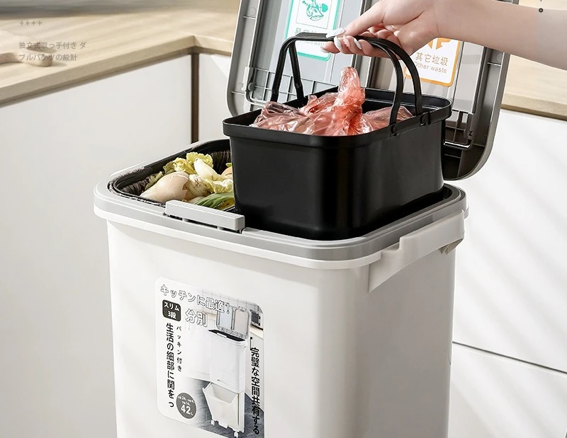 Kitchen Waste Bin Large with Lid Dual Layer Integrated Odor Proof Wet Dry Garbage Sorting Japanese Style for Household Home Use