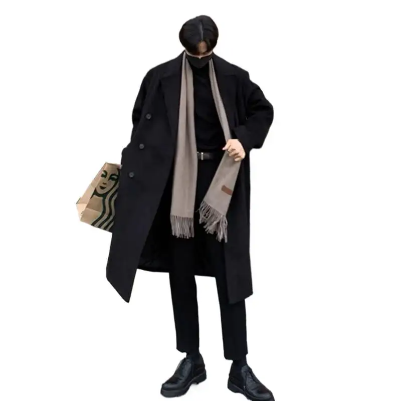 

Winter Men Trench Black Thick Woolen Trench Coats Korean Style High Quality Male Casual Trenchcoat Men's Streetwear Windbreaker