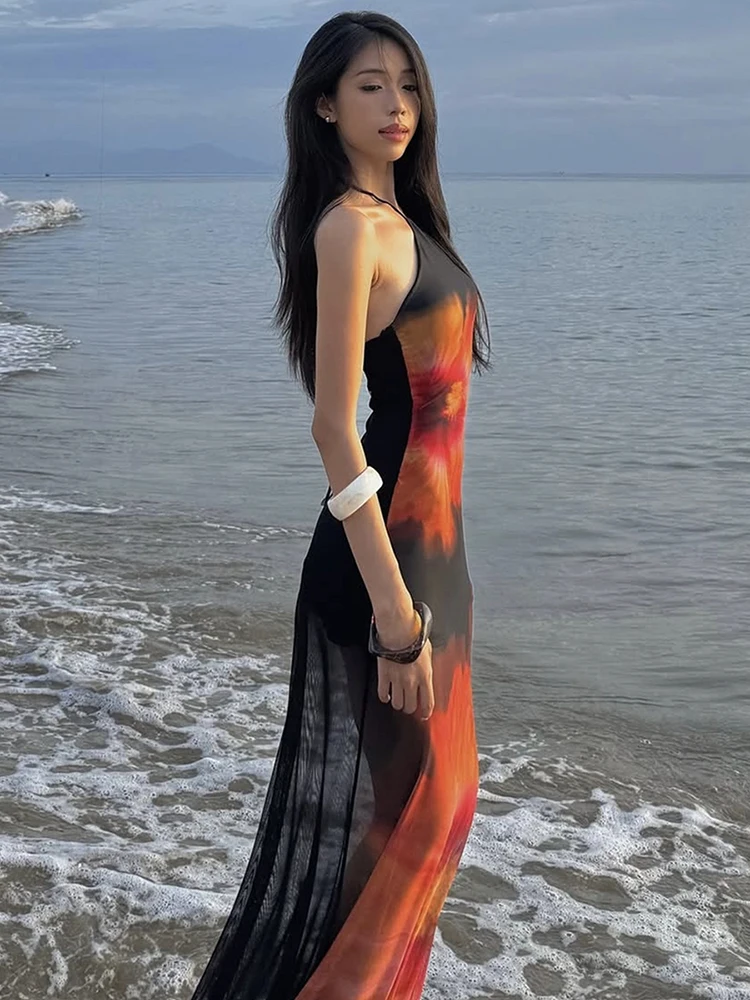 Nibber Stretch See Through Dress Women Beach Vacation Flower Print Halter Backless Bandage Sleeveless Party Elegant Vestidos