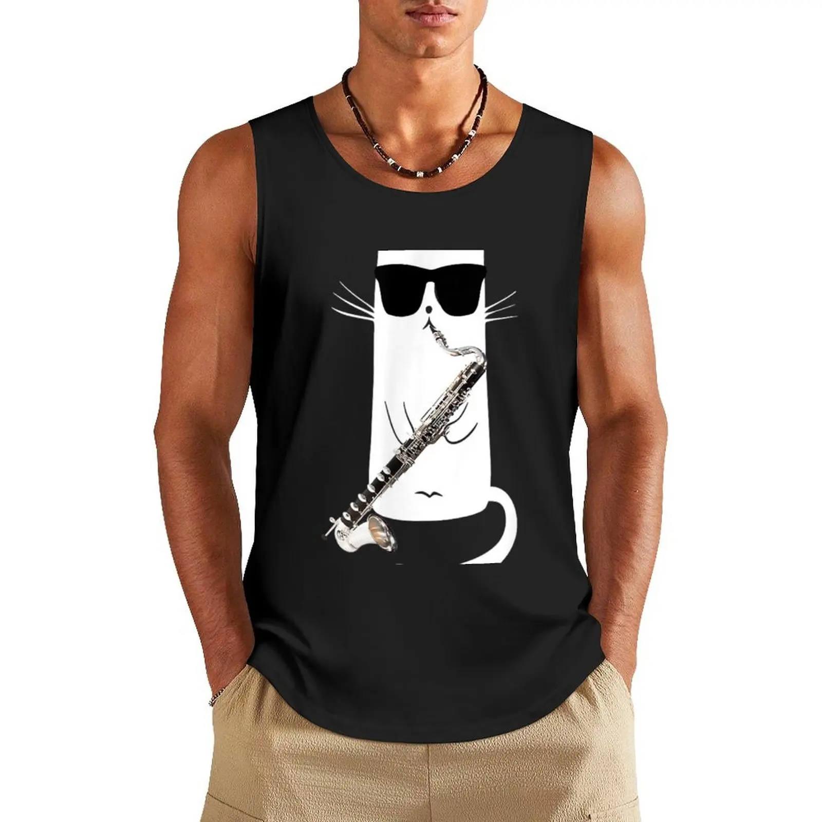 

Funny Cat Wearing Sunglasses Playing Bass Clarinet Tank Top sleeveless t-shirts for men Sports shirt man