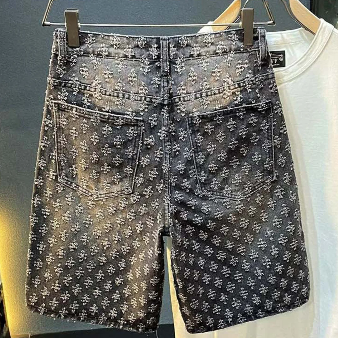 2025 Summer New American men's fashion ripped denim shorts, loose straight-leg casual mid-parted denim shorts