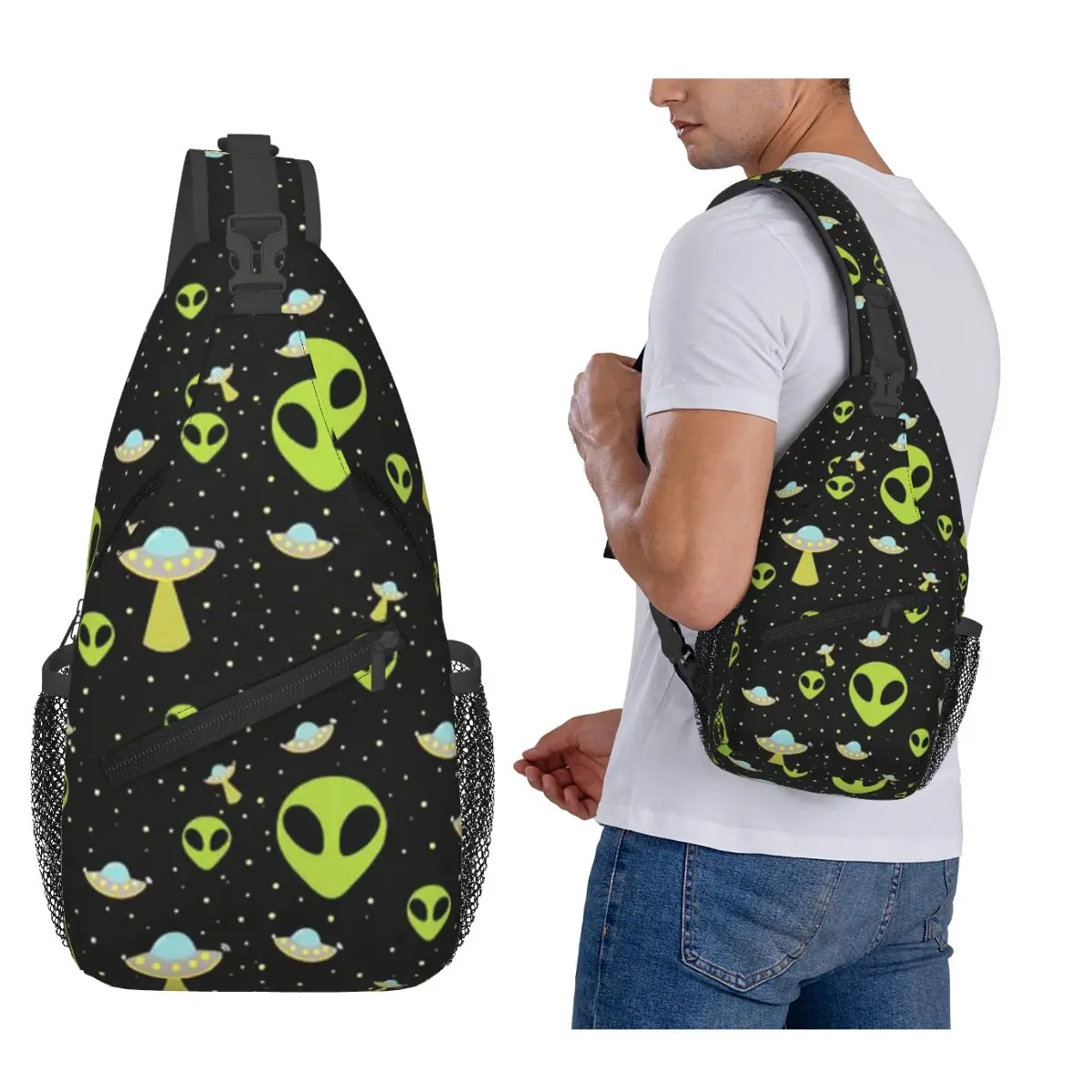 Green Alien Spaceship Pattern Chest Bag Men Sling Crossbody Backpack Chest Bag Travel Hiking Daypack Shoulder Bag