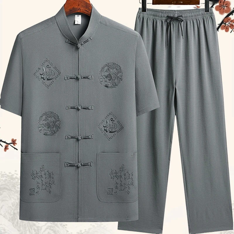 Men's Short Sleeve Tang Suit Set Summer 2024 Casual Wear for Elderly Polyester Fiber 100% Grandpa Style Middle-Aged And ...