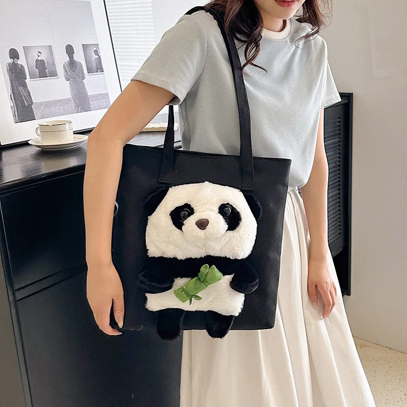 Panda Canvas Tas Schattige Cartoon Pop Schoudertas 2023 Splicing Stijl Grote Capaciteit Opbergtas Vrijetijdsreis Trend All-Match