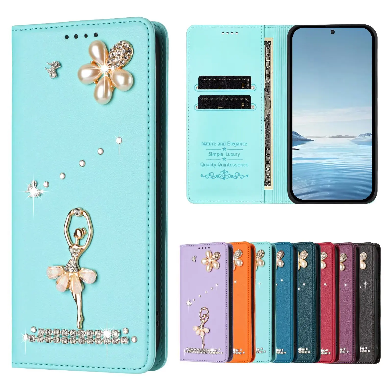 Capa de Luxo para Celular com Carteira para BLU G95 G64 G54 G53 J12 C9 Bold K10 K50 N4 View 5 Pro Speed 5G, Capa de Couro com Strass