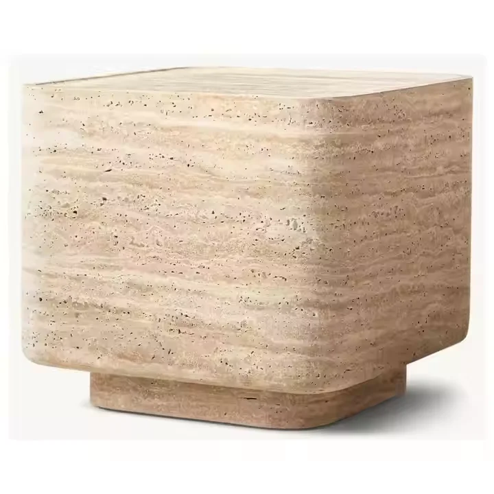

Luxury Travertine Finish Side Table, Patio, Bedroom Sleek Neutral End Table with Travertine Stone Finish for Modern Interiors