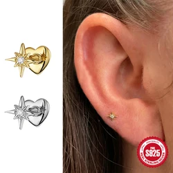 ROXI 925 Sterling Silver Zircon Stud Earrings 1PC Eight pointed star Women 18K Gold/Silver Heart Flat back piercing Jewelry Gift