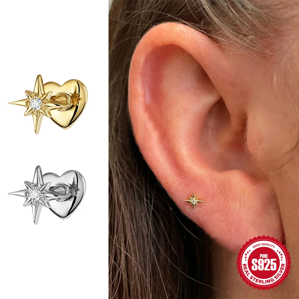 ROXI 925 Sterling Silver Zircon Stud Earrings 1PC Eight pointed star Women 18K Gold/Silver Heart Flat back piercing Jewelry Gift