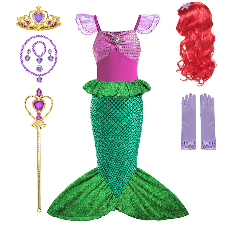 Halloween Girls Disney Little Mermaid Princess Dress Children Mermaid Ariel Cosplay Costume Carnival Birthday Party Clothings