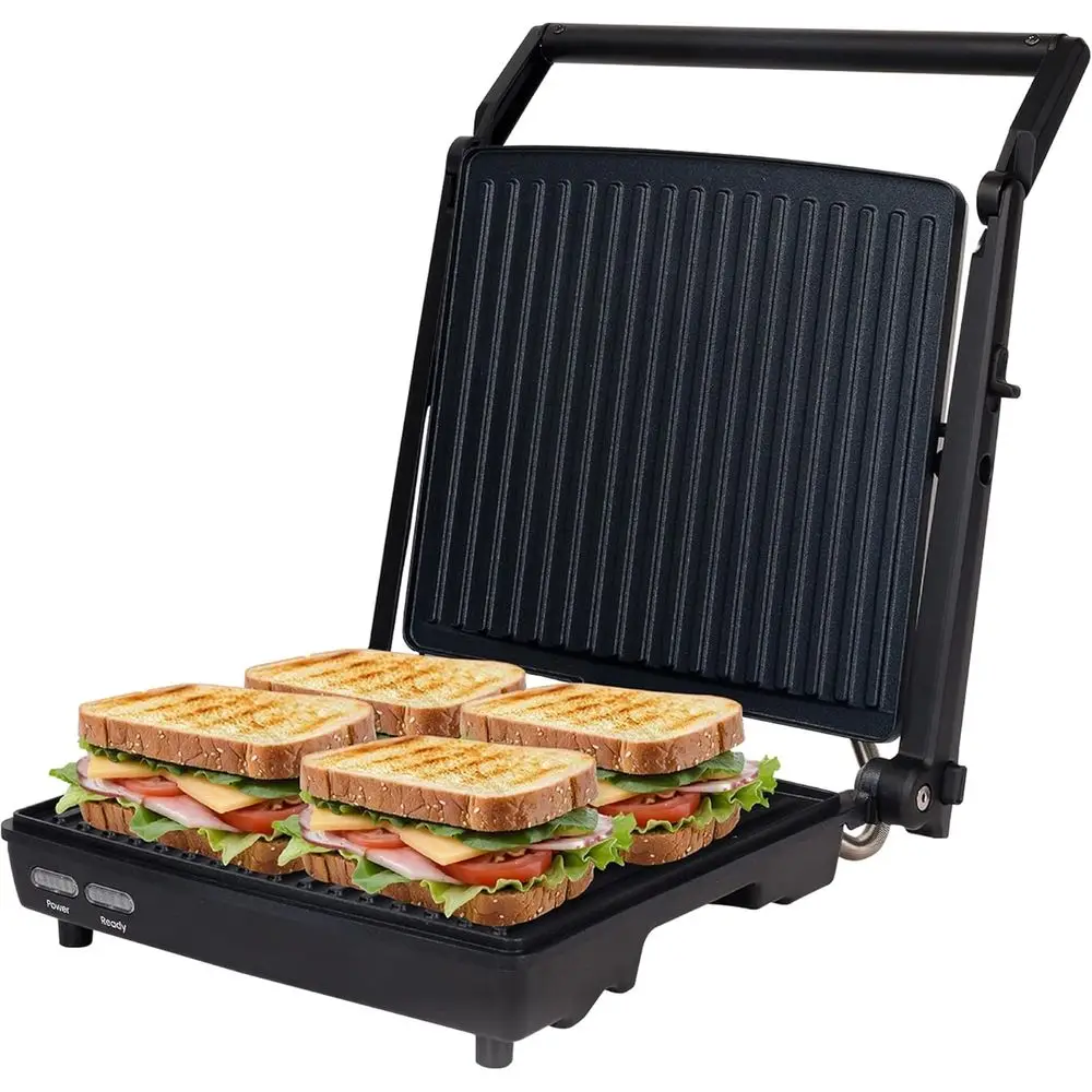 

Сэндвичница PrGourmet, ультратонкий дизайн со складной ручкой, гриль на 4 порции с антипригарными пластинами, раскрывается на 180 градусов ° или Таблица Gr