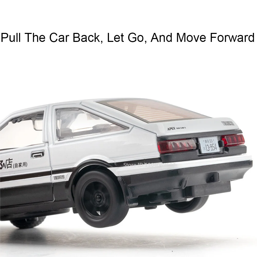 1:30 AE86 Modelli di auto giocattolo vintage Pressofuso in metallo Auto in miniatura 4 porte aperte Suono Luce Tirare indietro Veicoli di simulazione Regali per bambini