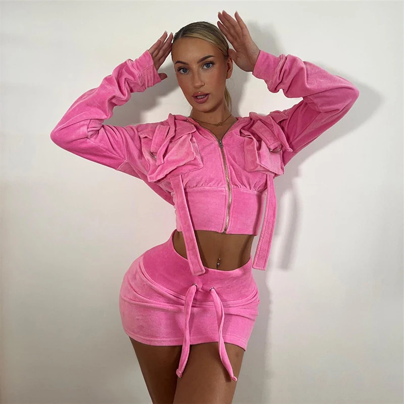 Two Piece Set Women Pink Outfits Sexy Long Sleeve Hooded Crop Sweatshirt+High Waist Mini Skirt 2023 Spring Fall Y2K Clothes