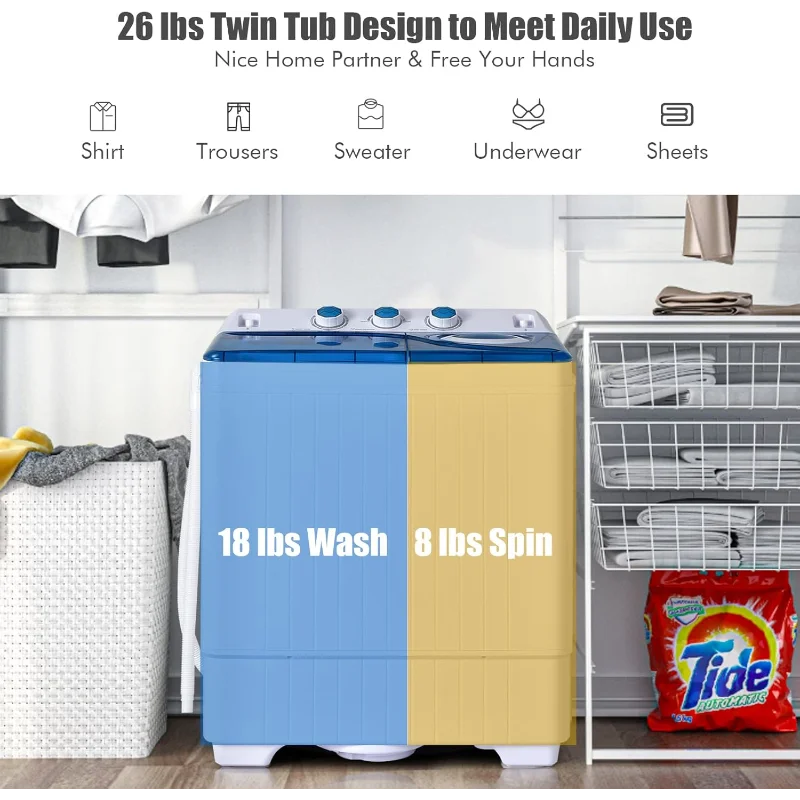 غسالة COSTWAY المحمولة، 2 في 1 حوض غسيل مزدوج بسعة 26 رطلًا (18 رطلًا) ودوار (8 رطل) مع مقابض تحكم