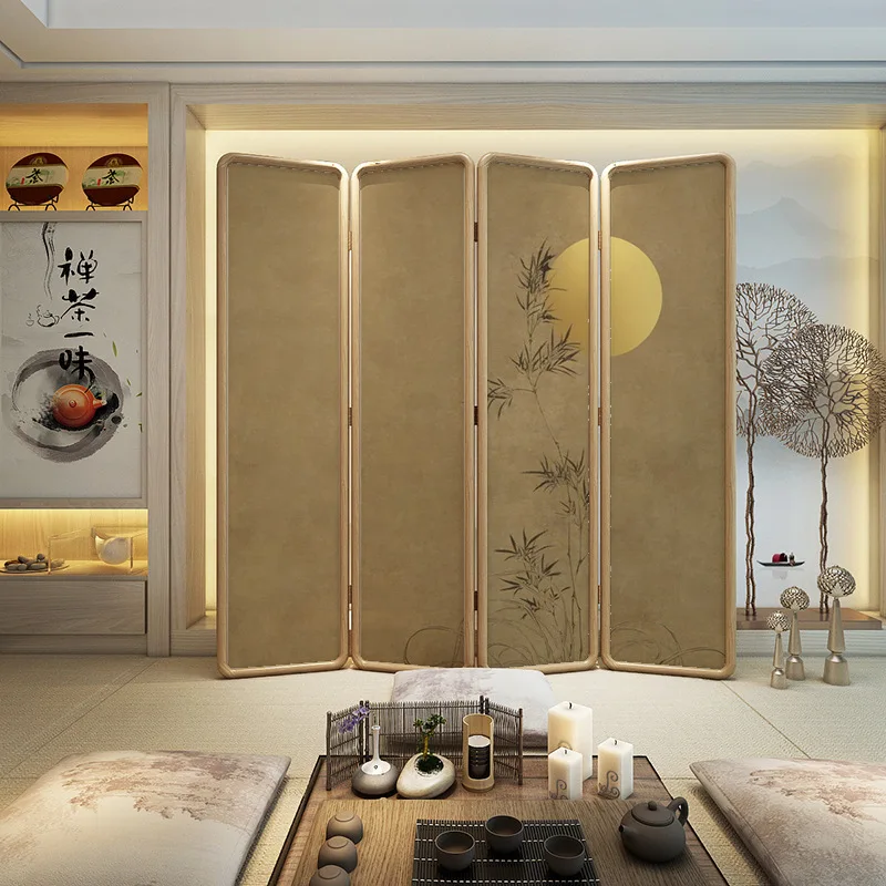 Chinese screen Zen retro simple bamboo moon round solid wood partition folding movable into the living room