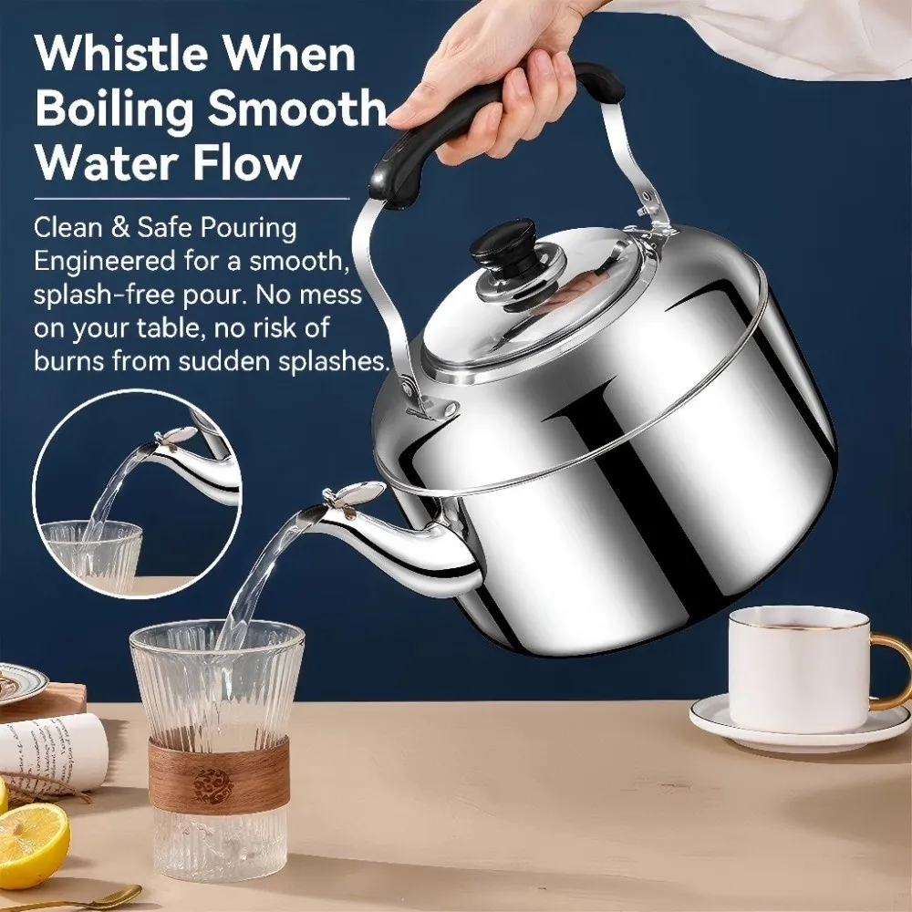 Stainless Steel Whistling Teapot Large Diameter Spout Eco Friendly Water Heating Kettle Whistling Feature Anti Burn Handle
