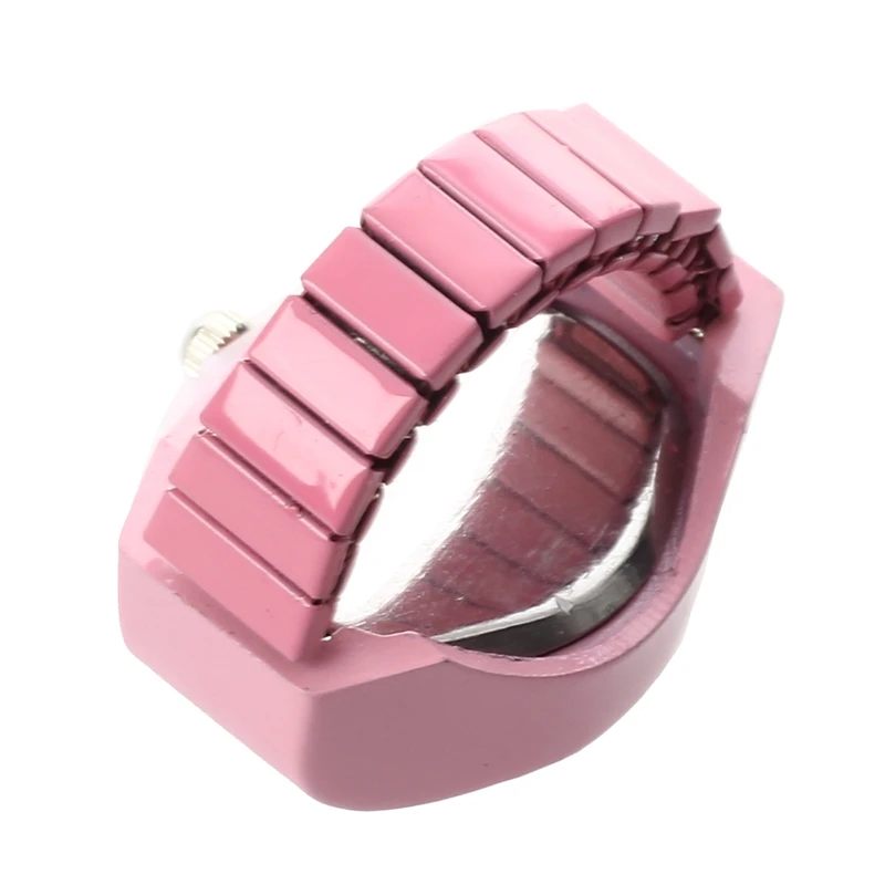 Women Pink Alloy Quartz Pocket Finger Ring Watch Rhinestone Round Dial
