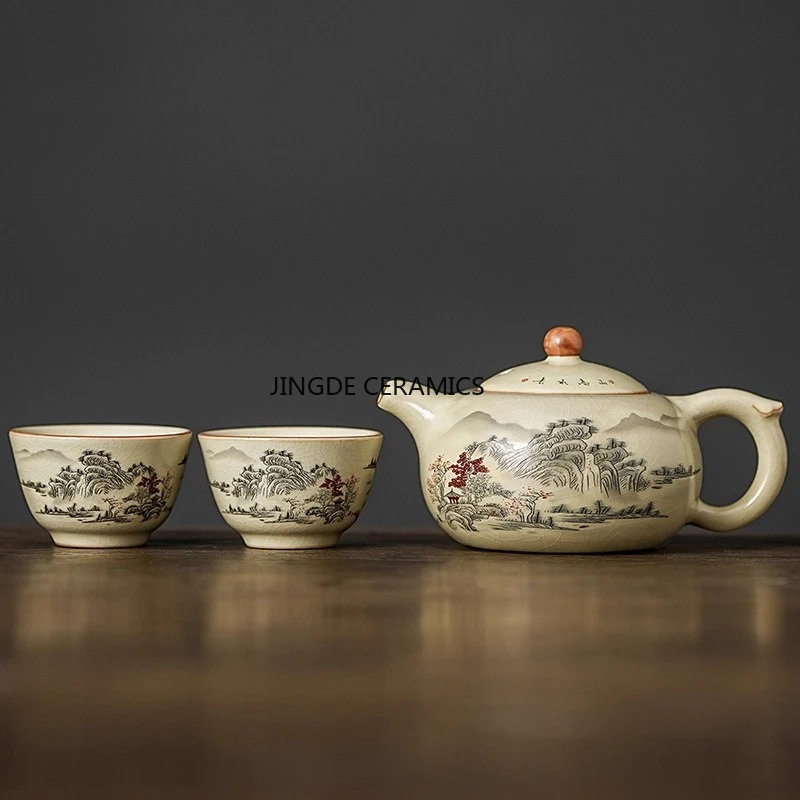 

Ru Kiln Ceramic Tea Set Home Travel Teapot Set Chinese Style Ceramic Tea Set Tea Ceremony Accessories, 1 Teapot+2/4 Cups