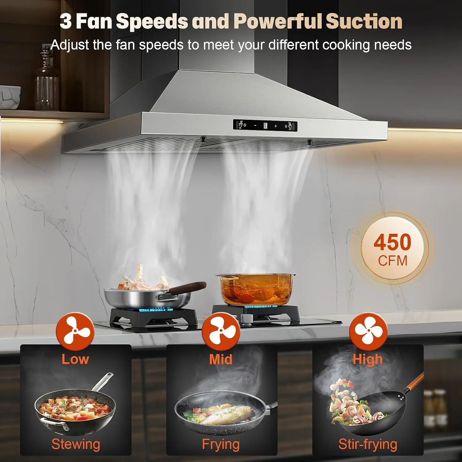 24/30 Inch Wall Mount 450CFM Stainless Kitchen Vent Gesture Sensing & Touch Control 3 Speed Range Hood