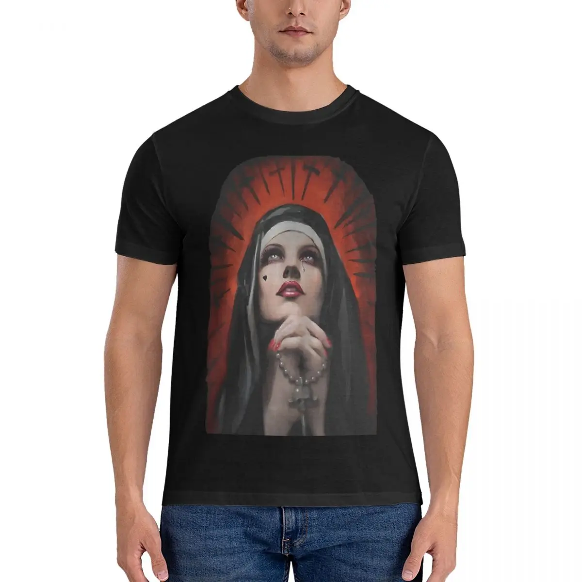 Vintage Forsaken Praying T-Shirt Men Crewneck Pure Cotton T Shirts Nun Short Sleeve Tees 4XL 5XL Tops