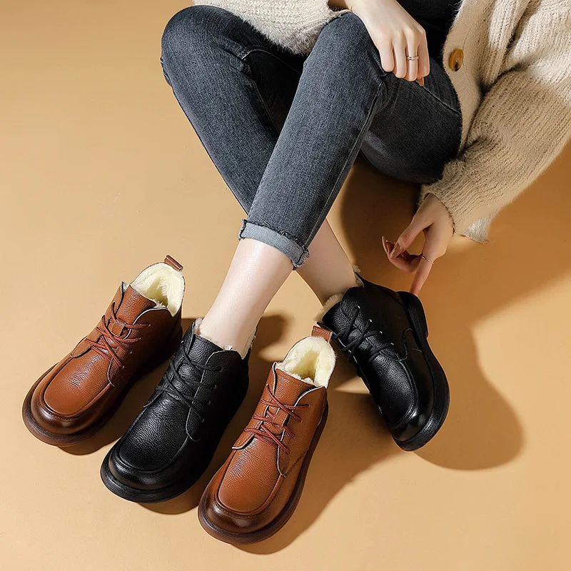 

Women's Black/White/Brown Fleece-Lined Platform Ankle Boots for Winter Daily Casual Lace Up Flats Short Boots Q-116