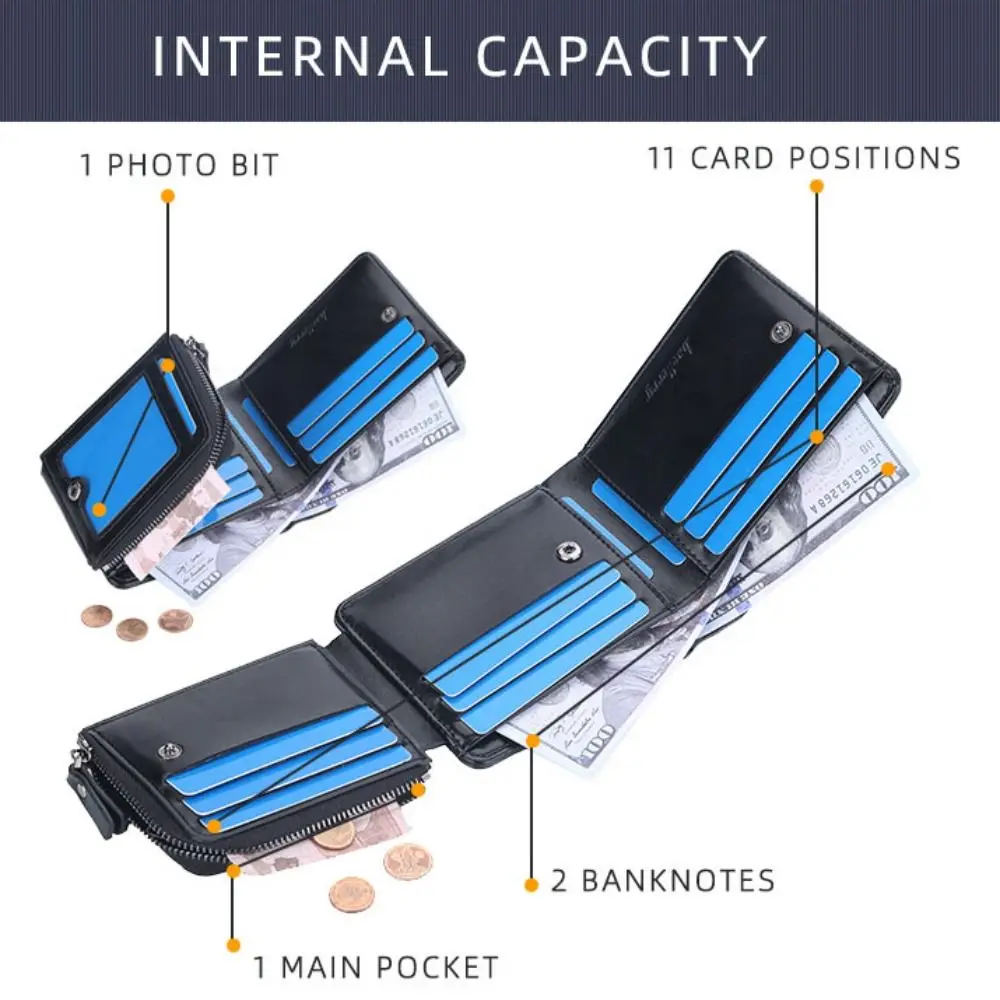 محفظة رجالية من الجلد الصناعي ، سعة كبيرة ، حامل بطاقات ، بلون واحد ، قصير ، ذكر ، جديد