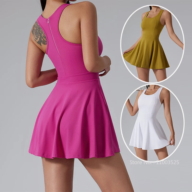 

Женское теннисное платье, боди для тренажерного зала и фитнеса, спортивная одежда, женский комбинезон, короткая юбка, платье без рукавов для тренировок, йоги, гольфа, встроенный бюстгальтер