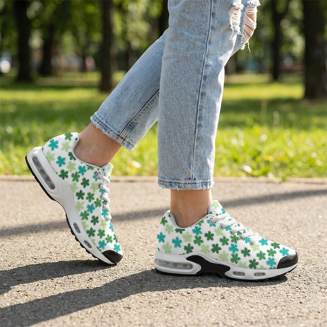 Green leaf print casual air-cushioned shoes, breathable mesh upper athletic shoes for men and women