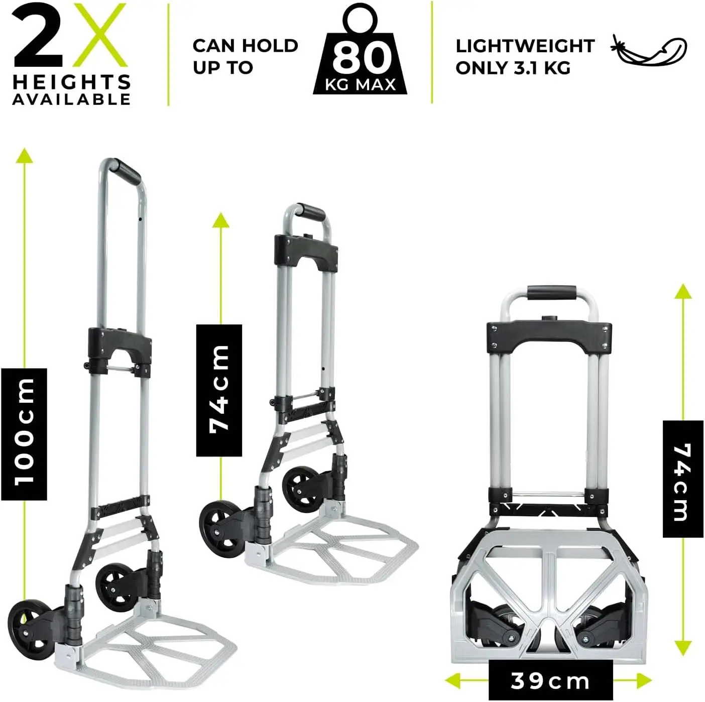 عربة شاحنة يدوية من الألومنيوم قابلة للطي شديدة التحمل، عربة متعددة الأغراض، عربة ألومنيوم خفيفة الوزن ومتينة |   سعة تحميل 80 كجم