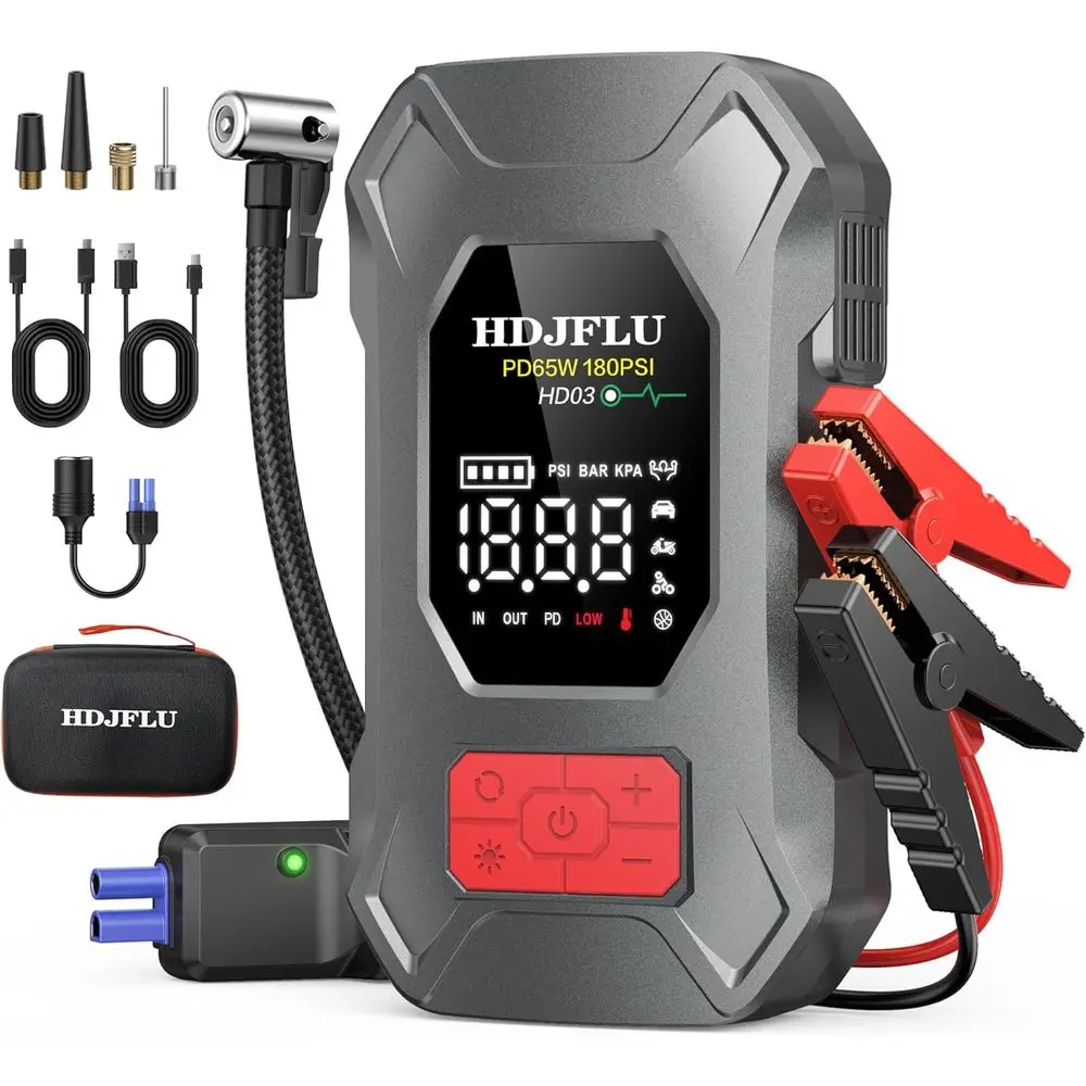 

High-Capacity 24000mAh Jump Starter with Air Compressor, 180PSI, 65W Fast Charger, Tire Inflator, and LED Light