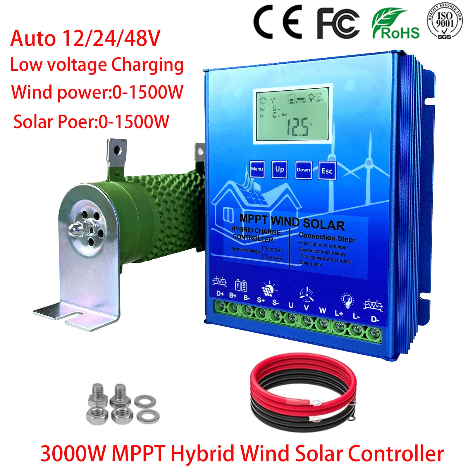 12V 24V 48V MPPT Wind Turbine Solar Panel System Controller 3000W 2400W 2000W 1600W 1200W Hybrid Wind Solar PV Charge Controller