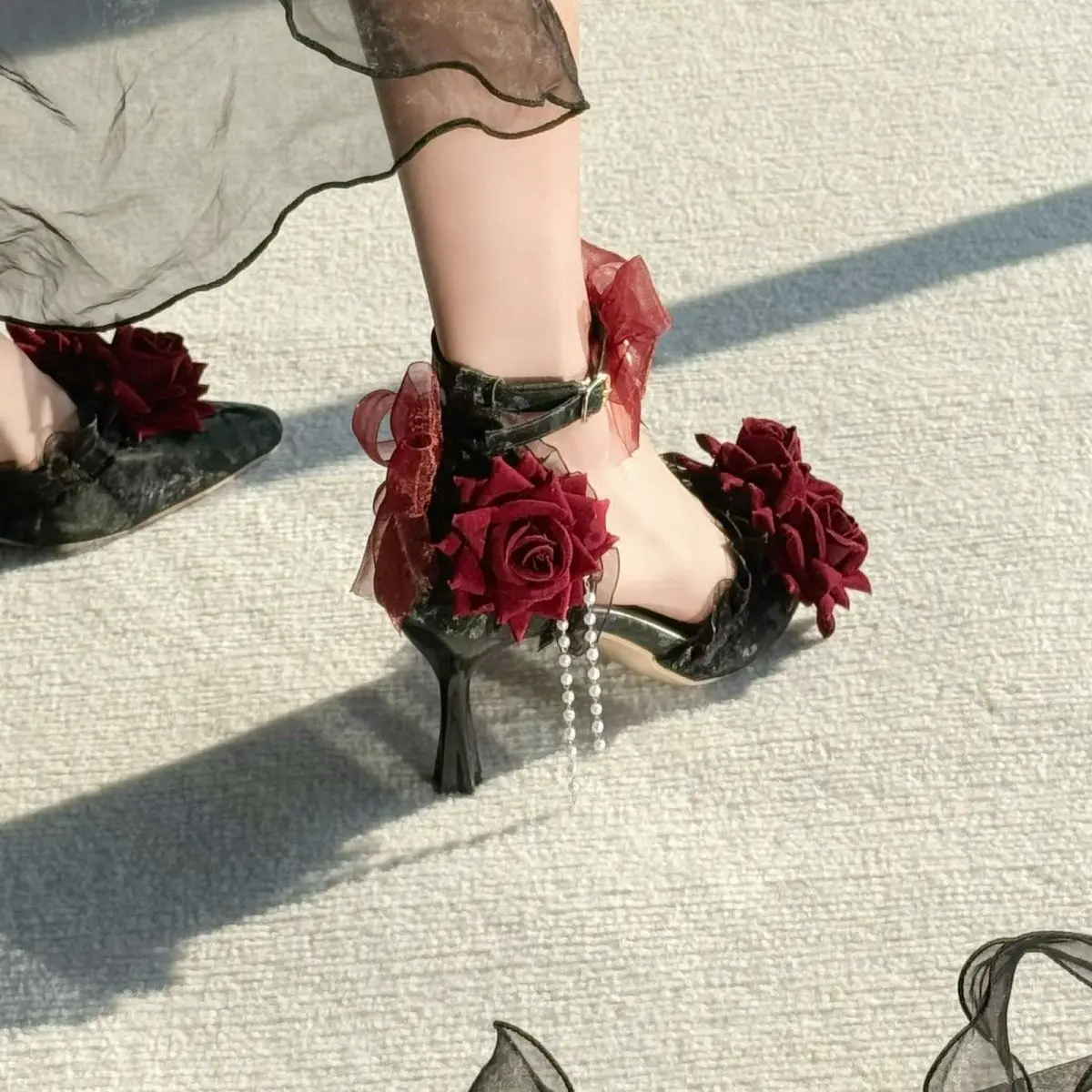 

2025 New Shoes French Black Red Gothic Elegant Shoe Ornament Lolita Pointed High Heel Retro