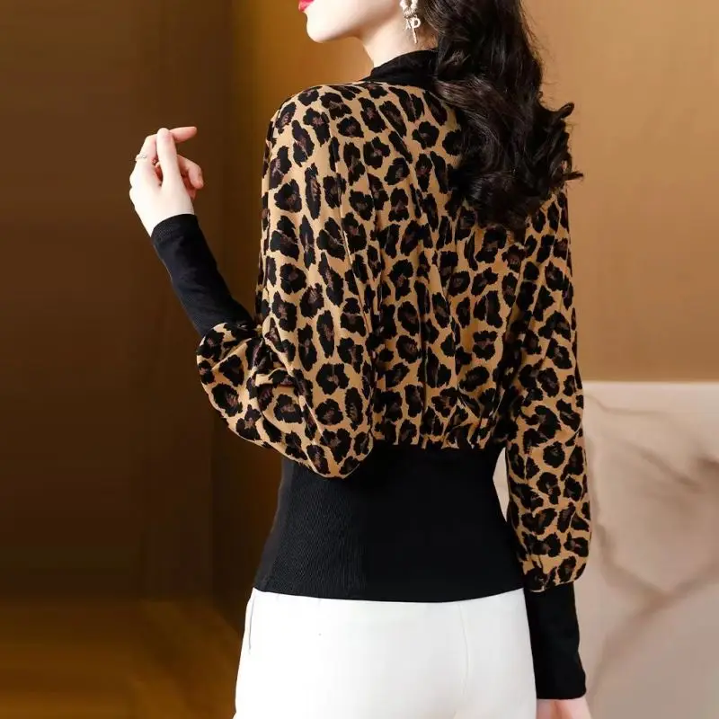 2023 Autumn New Half High Collar Fake Two Piece Fashion Leopard Long Sleeves Comfortable Waist Shirt Leisure Women's Underlay