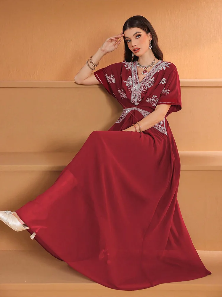 

Мусульманское длинное платье с v-образным вырезом и бриллиантами, Ближневосточное арабское платье, женское платье Дубай, Абая, Турция, кафтан Ид Рамадан, марокканский женский халат, платье