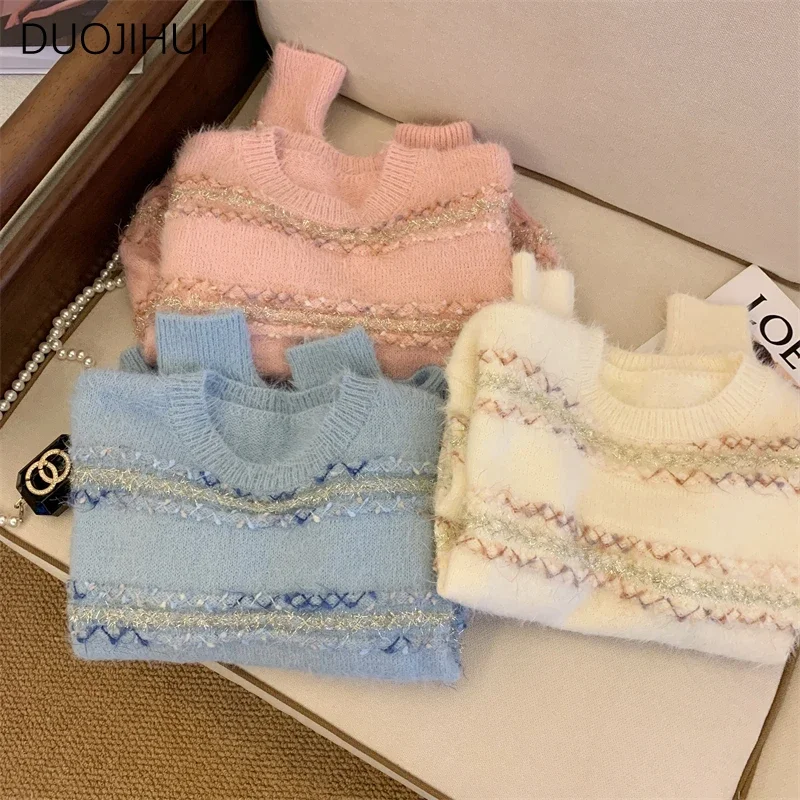 DUOJIHUI Pink Striped Sweet Soft Simple Sweater Women Pullovers Autumn New Knitting Basic O-neck Casual Fashion Female Pullovers