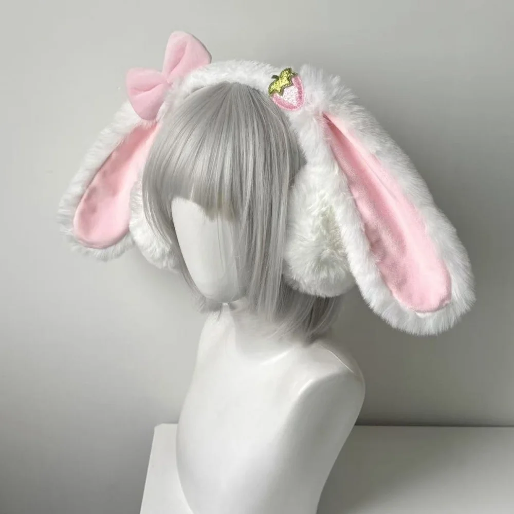Harajuku Japanese Bowknot Plush Earmuffs Bunny Hair Hoop Lace Furry Lolita Rabbit Ears Headband Cute Ear Headwear Comic Show
