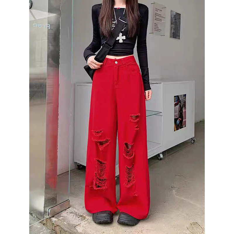 ZHIZOU Women Red Ripped Jeans Baggy Vintage Aesthetic Streetwear Cowboy Pants Harajuku Oversize Denim Trousers Y2k 2000s Clothes