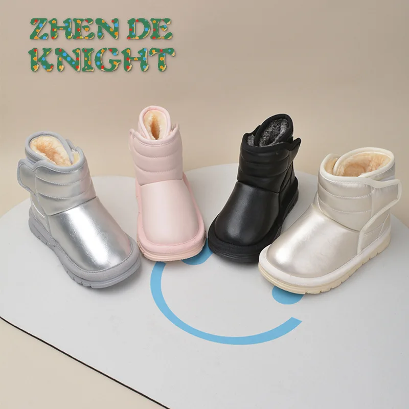 

Детские черные зимние ботинки из искусственной кожи для мальчиков, новая зимняя повседневная теплая хлопковая обувь на флисовой подкладке, на мягкой подошве для маленьких девочек