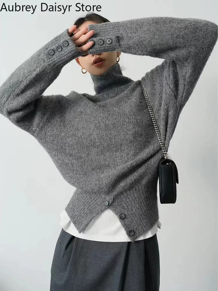 

Winter Pullover Sweater Women Irregular Button Design Knitted Sweater Female Korean Fashion Elegant Turtleneck Slit Pullover Top