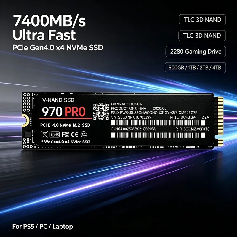 Gaming M.2 NVMe SSD 970 PRO PCIe 4.0 X4 7400MB/s TLC 3D NAND 2280 Internal Drive 500GB 1TB 2TB 4TB for PS5 Laptop Desktop PC
