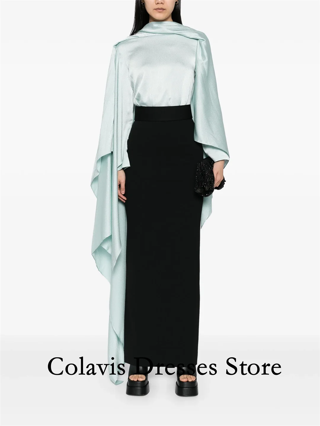 

2025 Customized Flare Sleeves High Neck Simple Black Blue Prom Dresses Evening Dress Women Evening Gowns Formal Party Dress