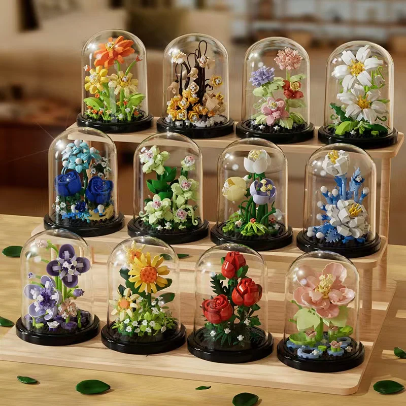 Flower Bouquet Bonsai Artificial Plastic Plant Building Blocks Micro Model Tulip Daisy Toy For Kid Birthday Gift Home Decoration